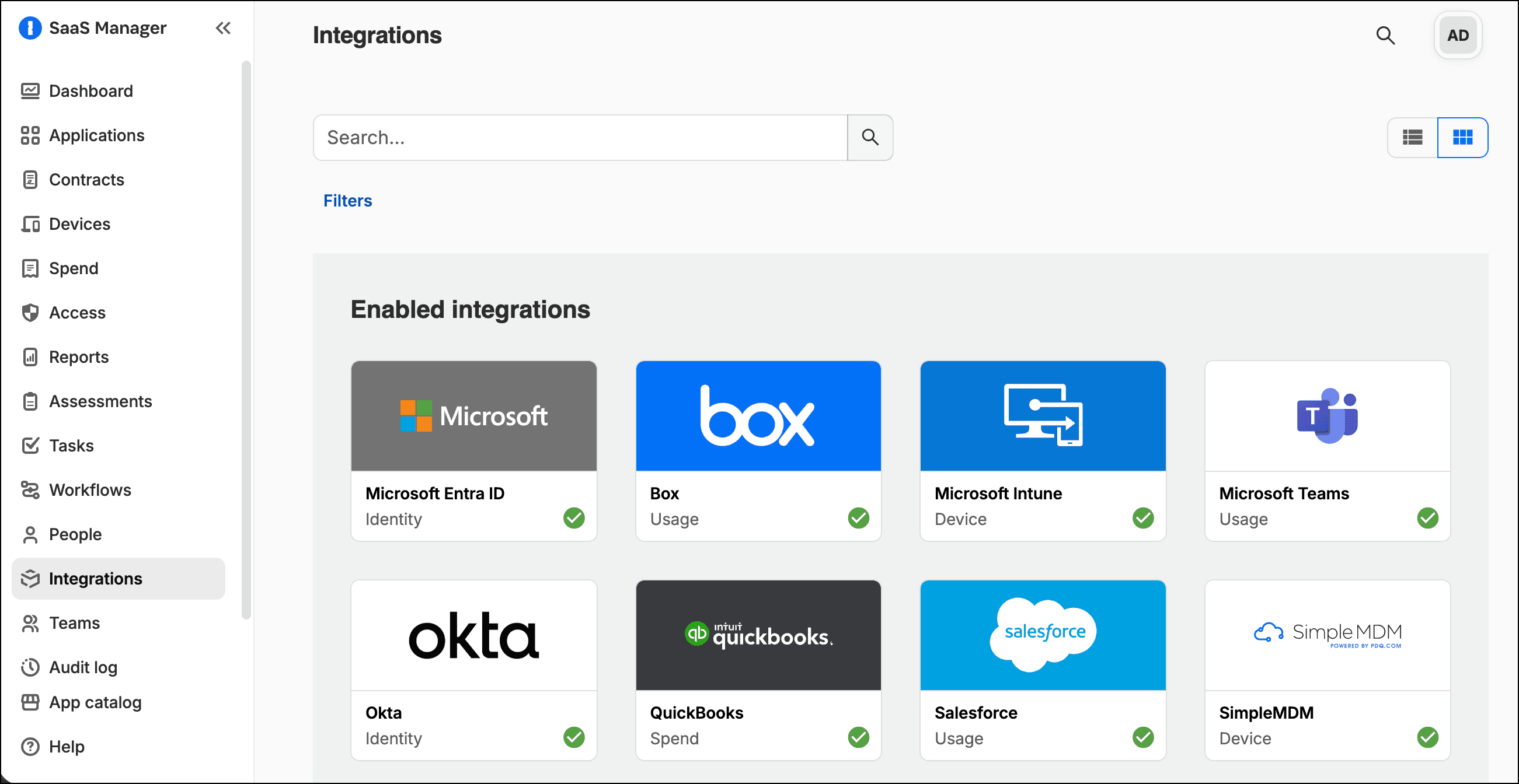 SaaS Managerの統合の一覧
