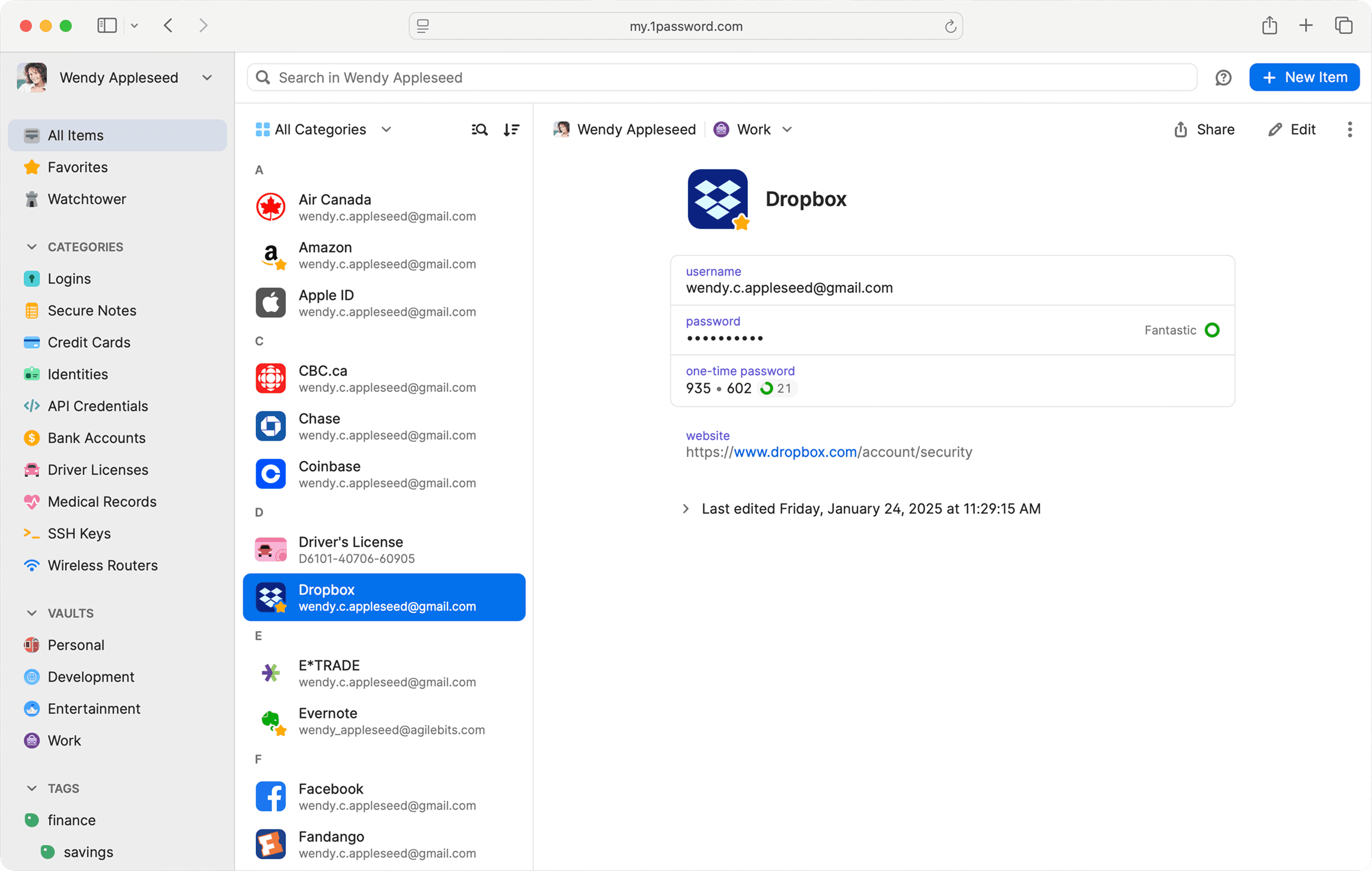 1Password.comのアイテム一覧とアイテムの詳細