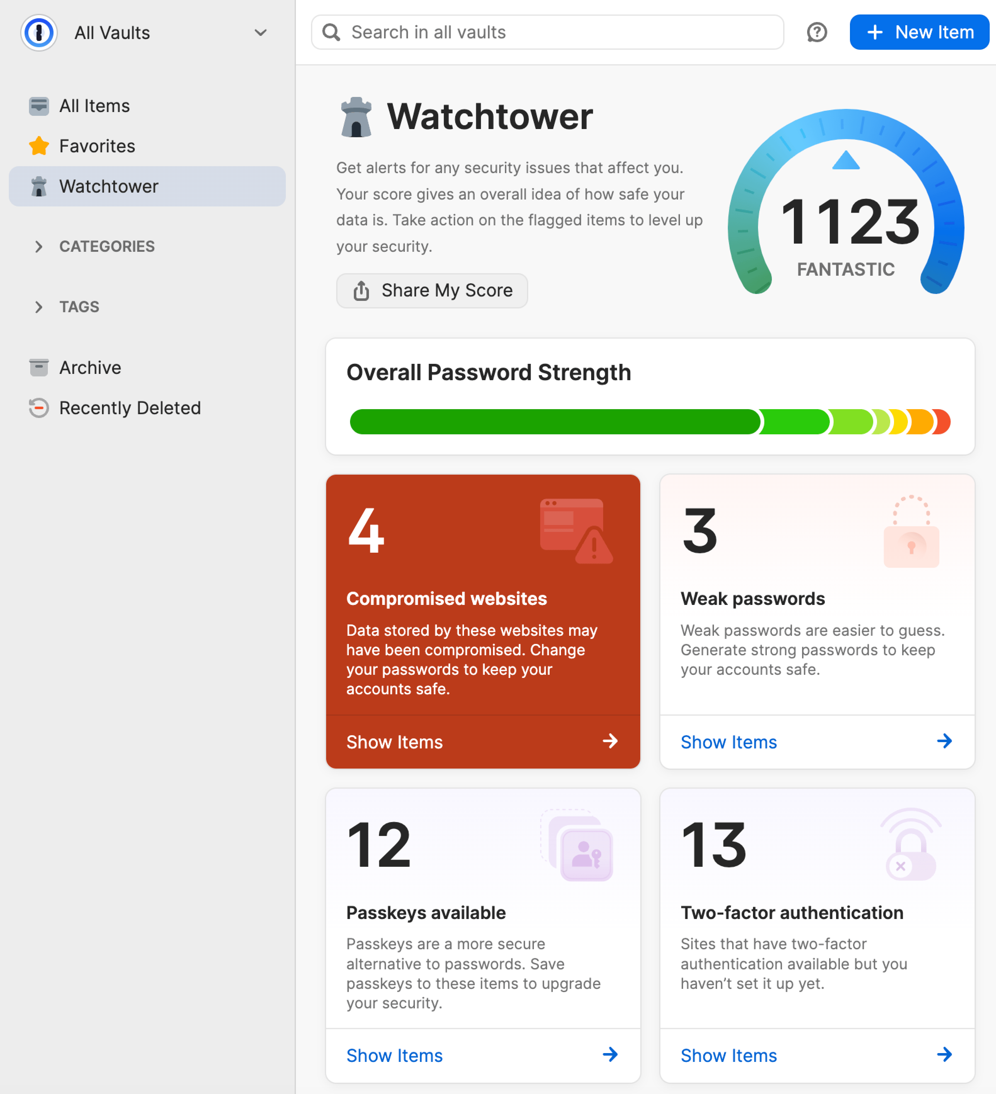 1Password.comのWatchtowerの画面