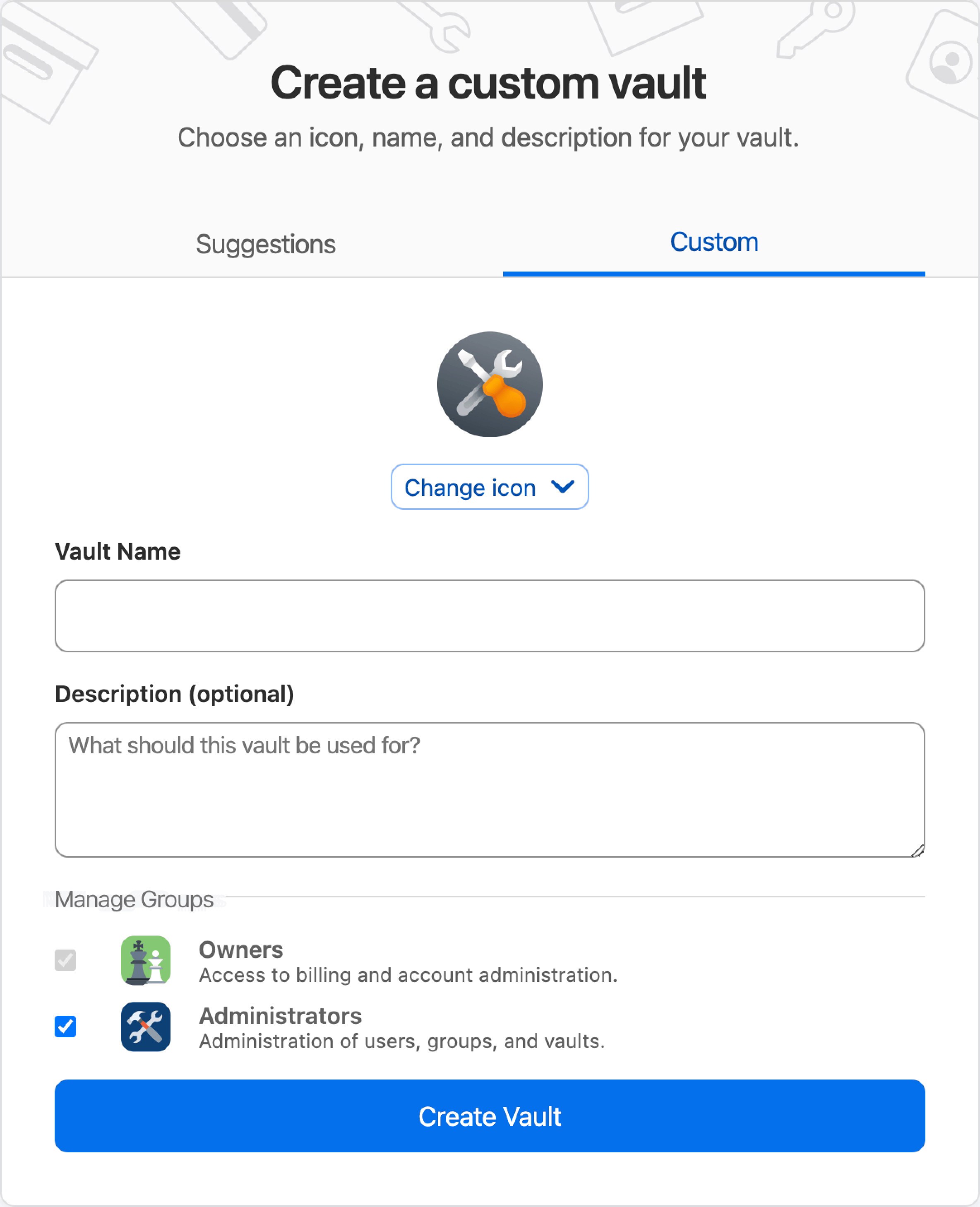 1Password.comで保管庫を作る画面