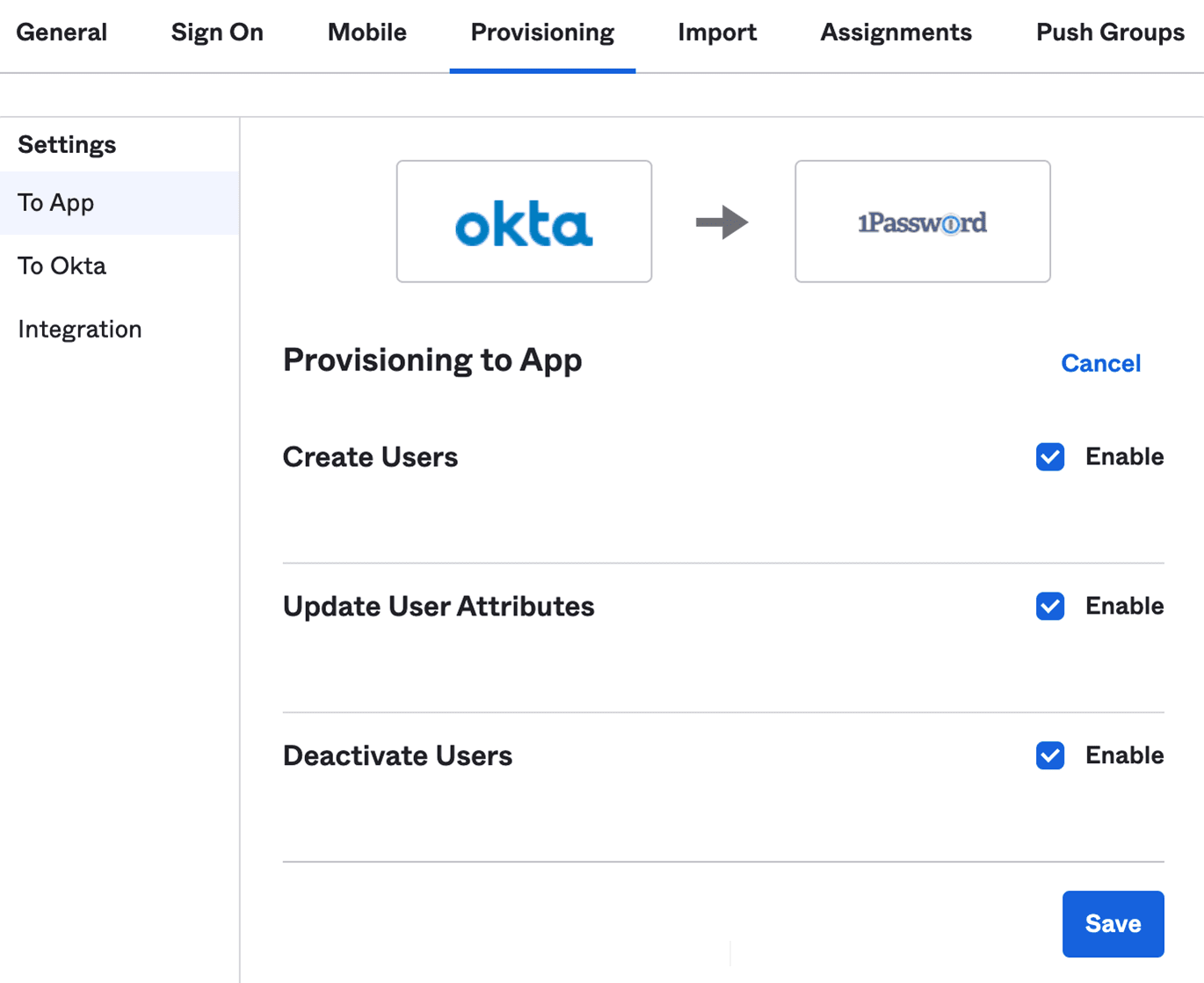 Provisioning to Appの3つの設定を有効にした画面