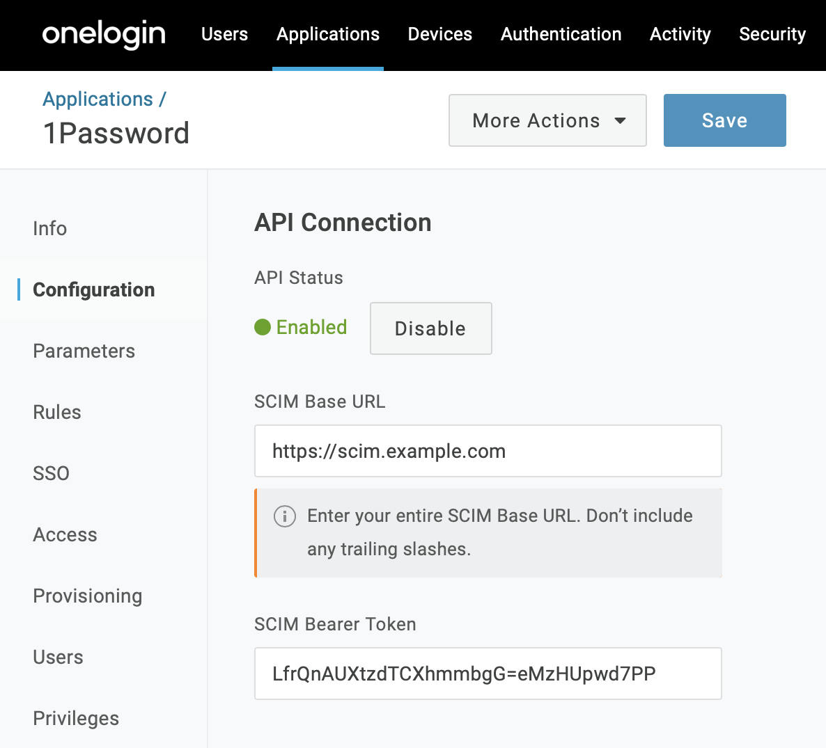 API ConnectionでSCIMの接続を有効にした画面