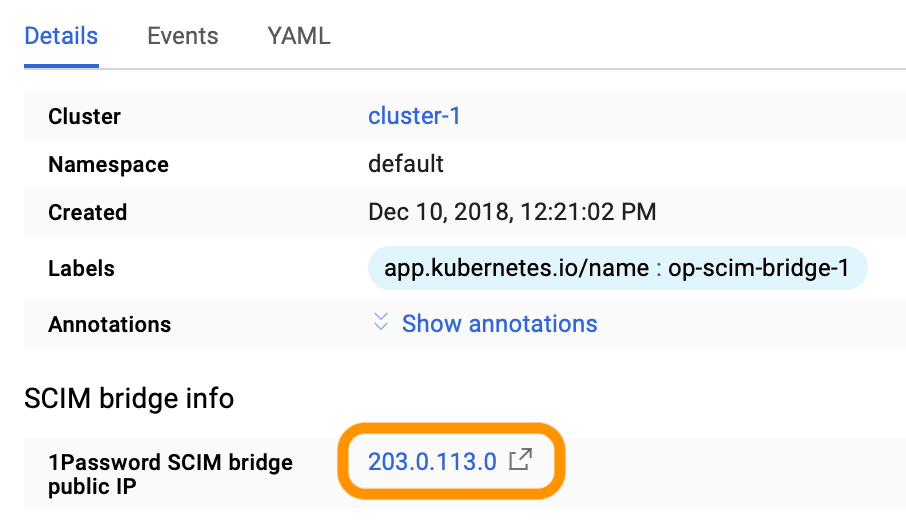 アプリの詳細でSCIM Bridgeの公開IPアドレスを示した画面