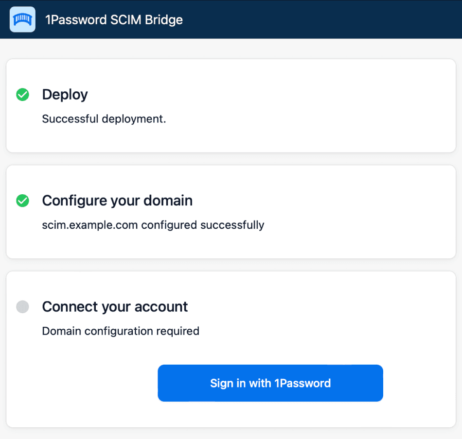 SCIM Bridgeのセットアップの画面で3段階の状態が並ぶ様子