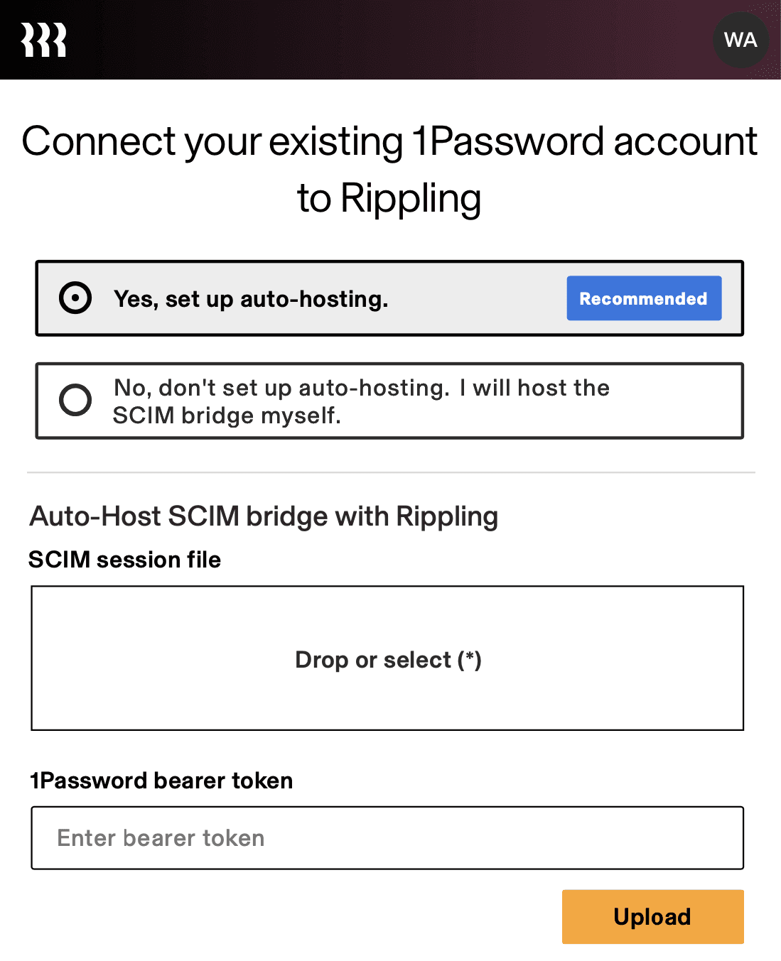 Ripplingで自動ホスティングを選び、クレデンシャルを渡す画面