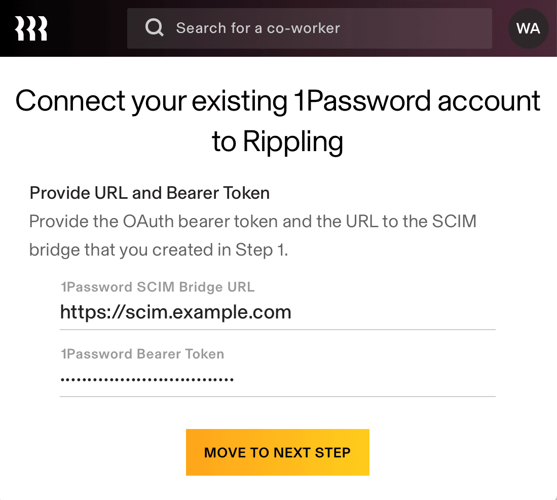 RipplingでSCIM BridgeのURLとベアラートークンを入れる画面