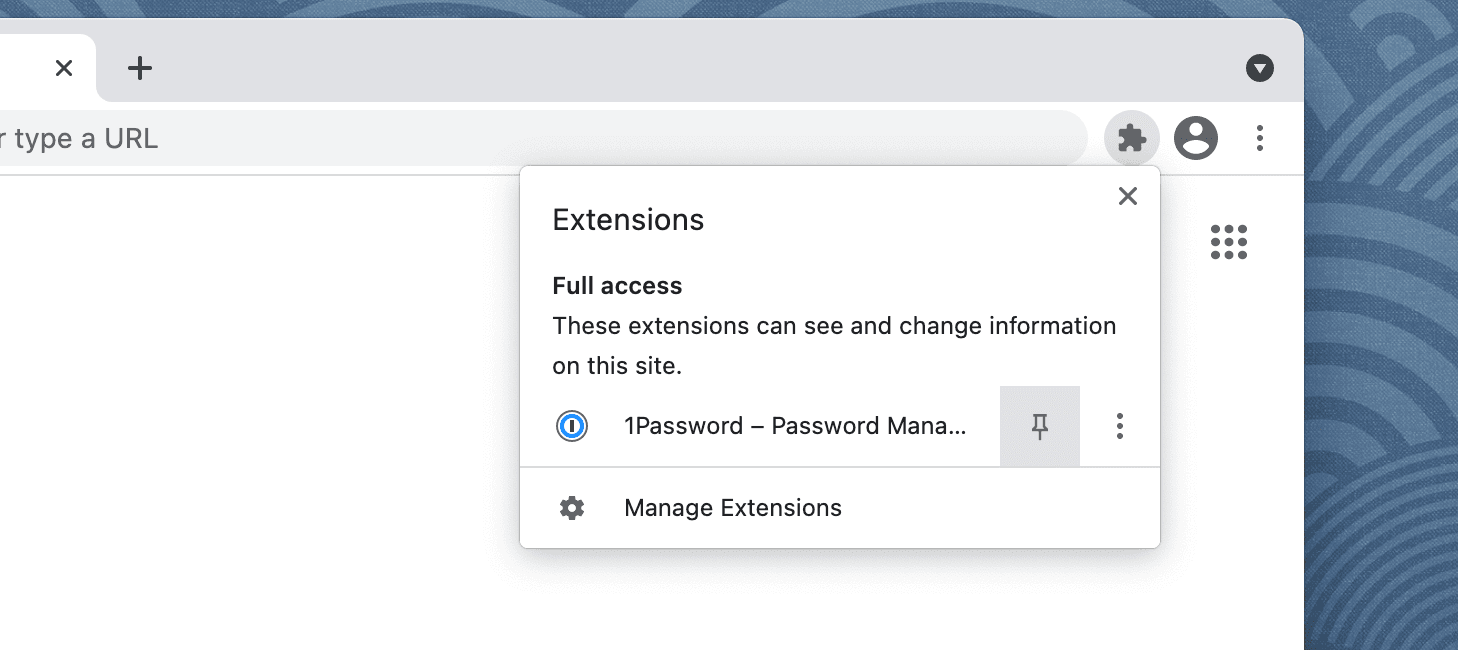Chromeの拡張機能のメニューで1Passwordをピン留めする画面