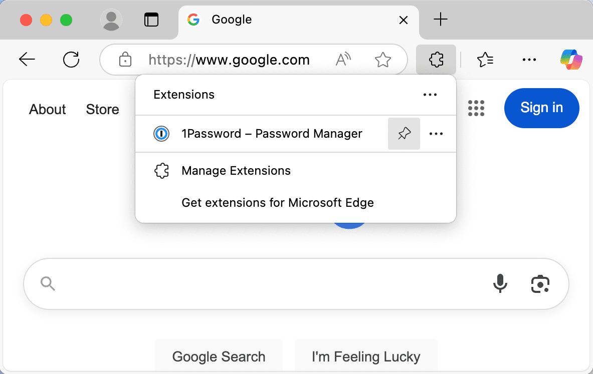 Edgeの拡張機能のメニューで1Passwordを表示する画面