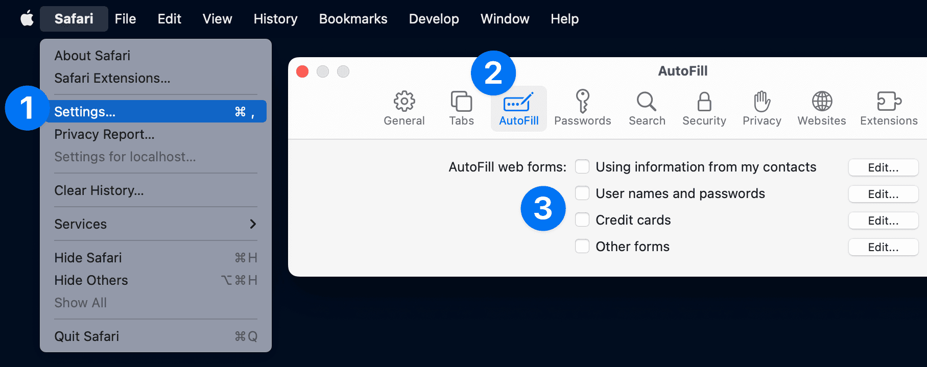 Safariの設定の自動入力の画面で全ての設定をオフにした状態