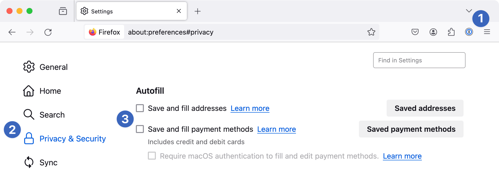 Firefoxの設定で住所と支払い方法の保存と入力をオフにした状態