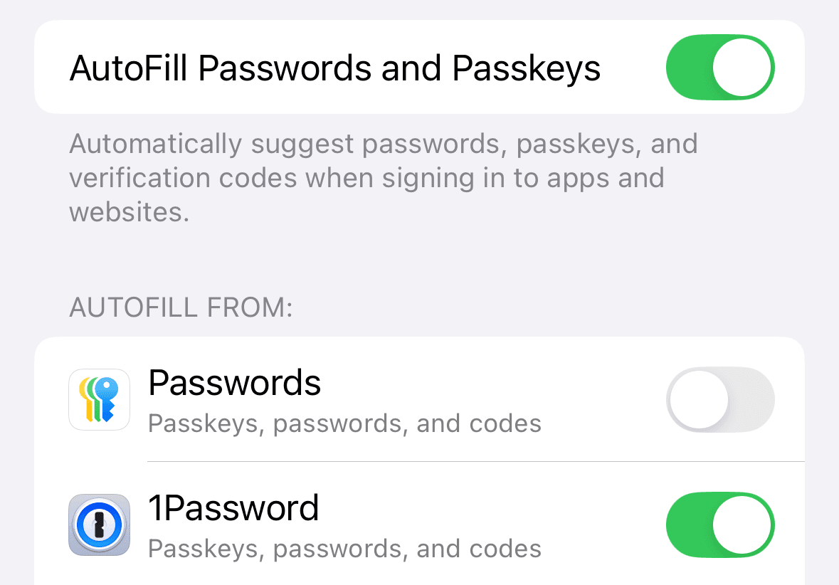 iOSの設定でパスワードをオフにし1Passwordをオンにした画面