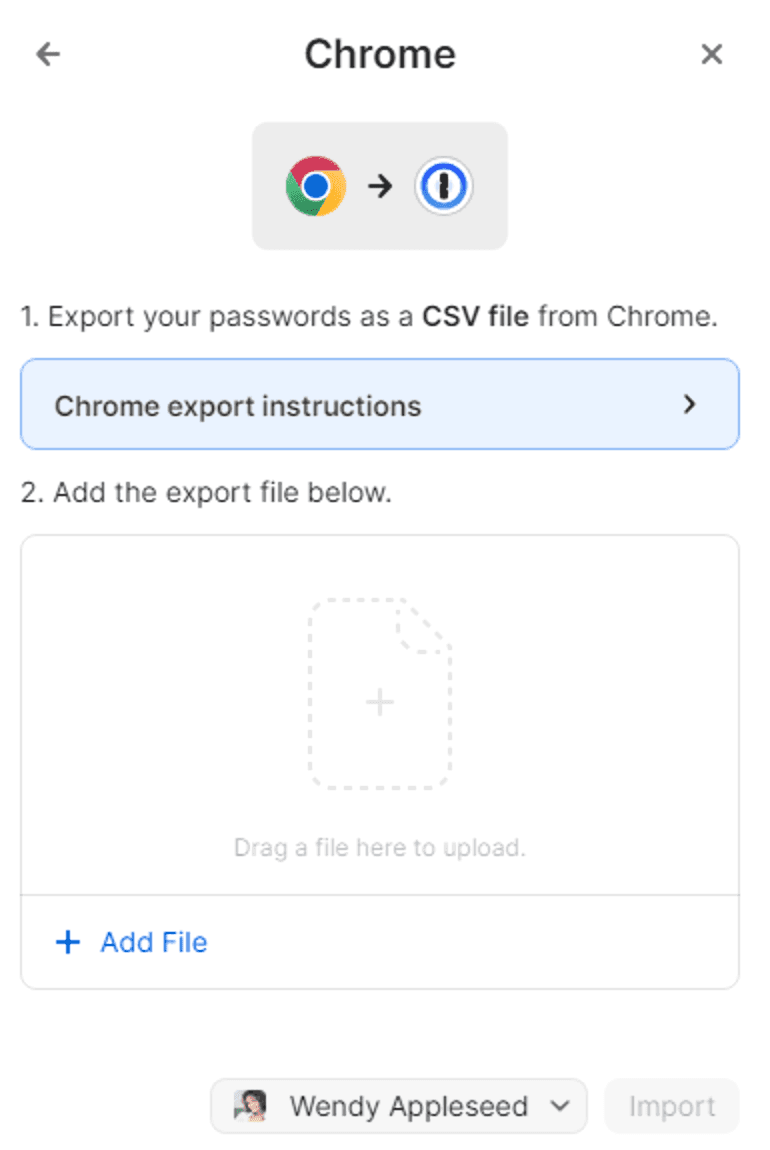 1PasswordのアプリでChromeからのインポートを選んだ画面