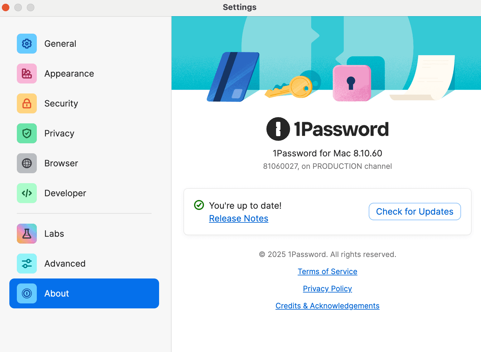 Mac版1Passwordのバージョン番号の画面