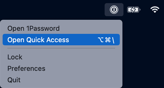 Macのメニューバーで1Passwordのアイコンを右クリックしたメニュー