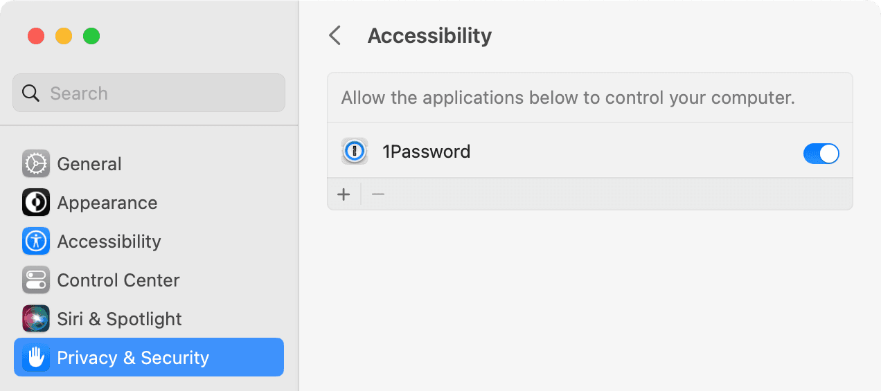 システム設定のアクセシビリティーの一覧で1Passwordをオンにした画面