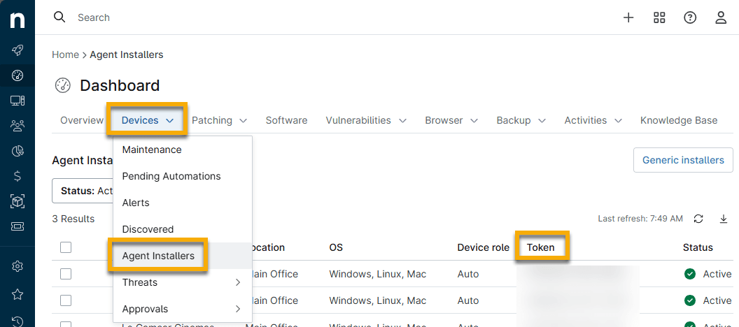 DevicesタブからAgent Installersを開く