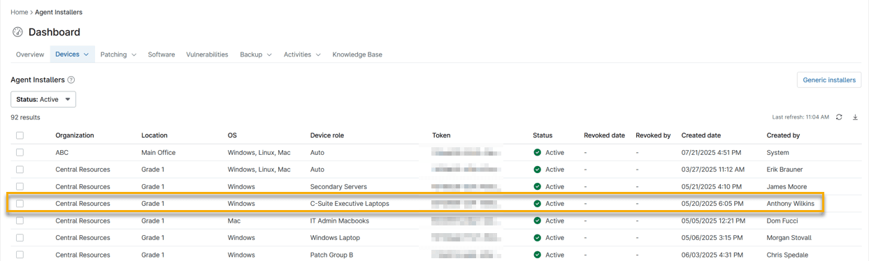 Agent Installersの一覧画面