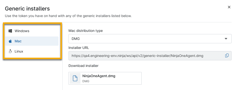 Generic installersモーダル
