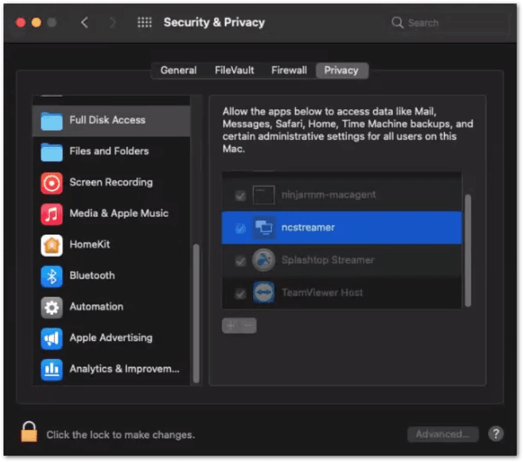 macOSの権限設定画面