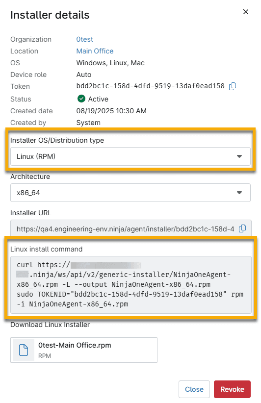 Installer detailsのLinux用表示